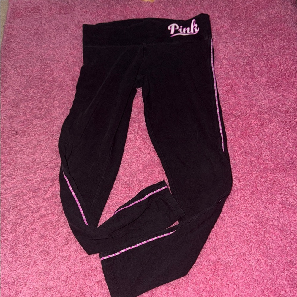 PINK Victoria's Secret Black Leggings with Pink Trim and Logo